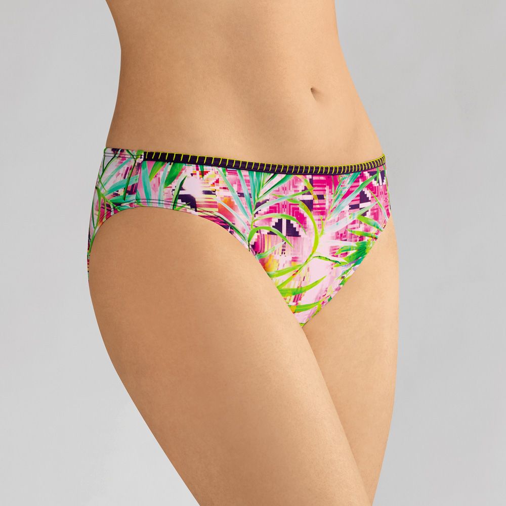Panty mit tropischem Muster. Rosa Grund, grüne und pinkfarbene Blätter. Schwarzer Bund mit gelber Ziernaht.