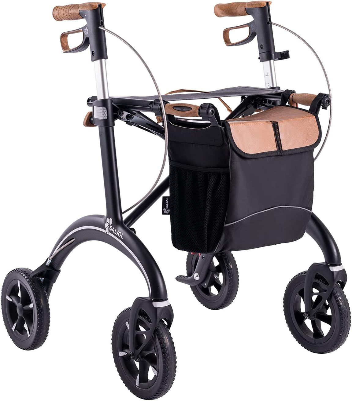Schwarzer Rollator mit vier Rädern, braunen Griffen und einer schwarzen Tasche. Das Produkt hat das Logo "Saljol".