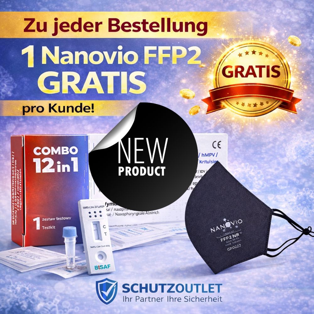 Werbebild mit Testkit-Packung, FFP2-Maske und Gratis-Hinweis. Text: Zu jeder Bestellung 1 Nanovio FFP2 GRATIS.