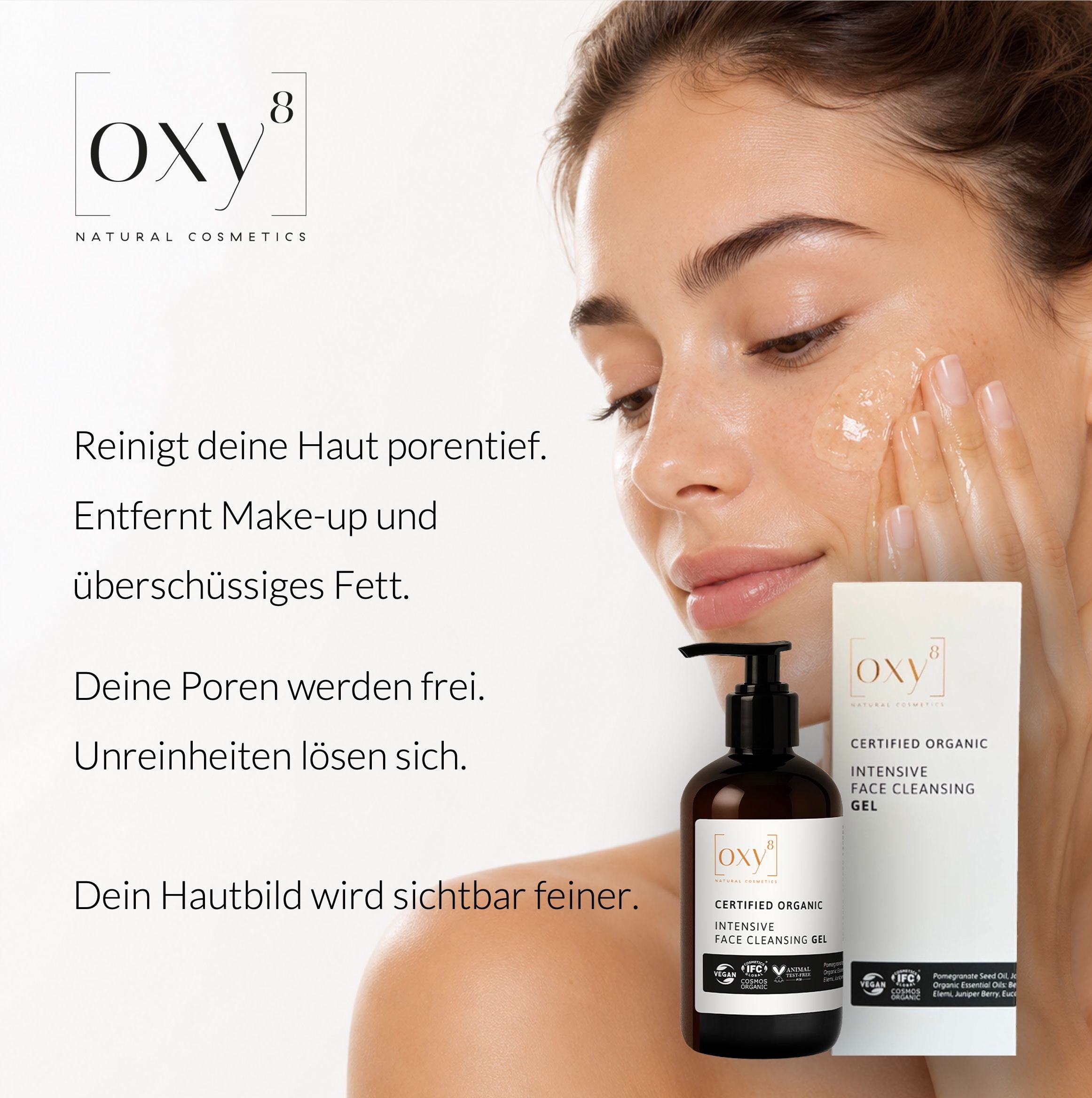 Frau mit Gesicht, Flasche, Produktverpackung, Text: oxy8, Intensive Face Cleansing Gel.