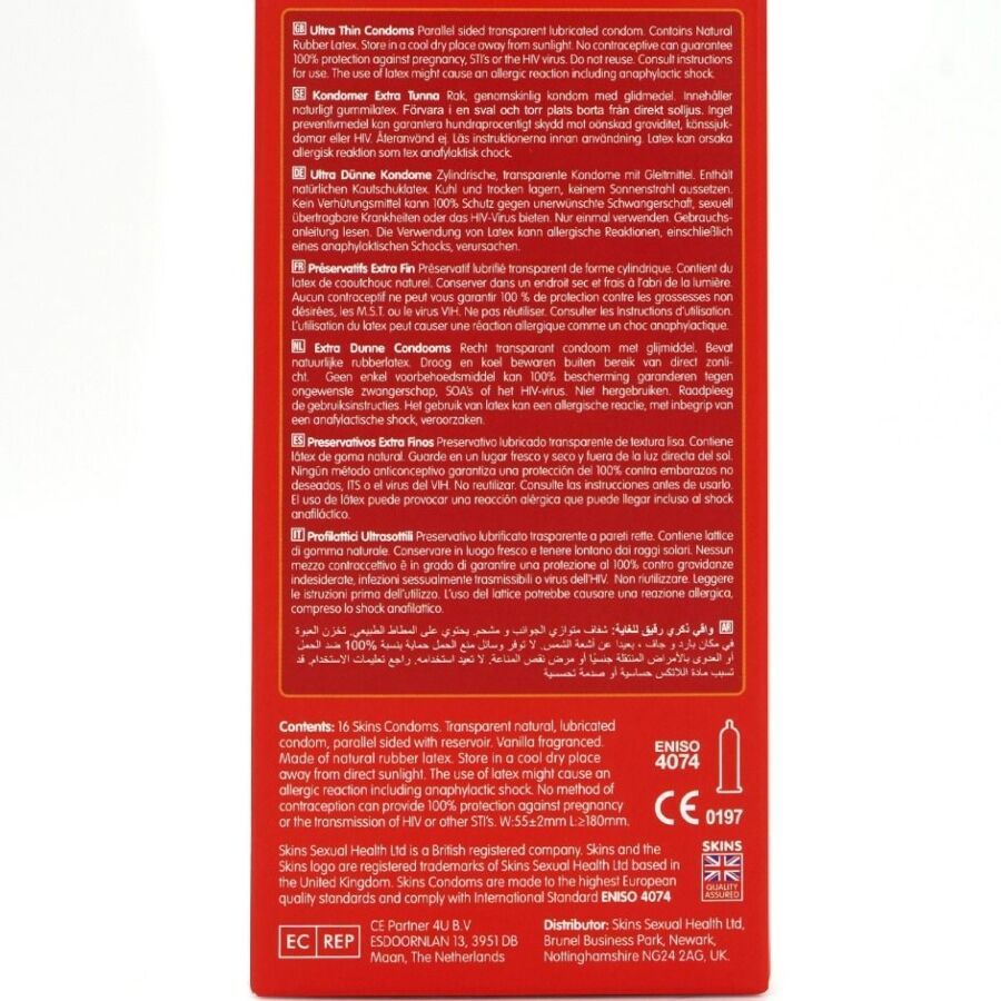 Rückseite der Kondomverpackung. Text in mehreren Sprachen. Enthält Informationen zu Inhaltsstoffen, Gebrauchsanweisung und Zertifizierungen.