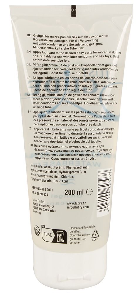 Rückseite der Tube. Text in mehreren Sprachen. Aufschrift: 200 ml, lubry.