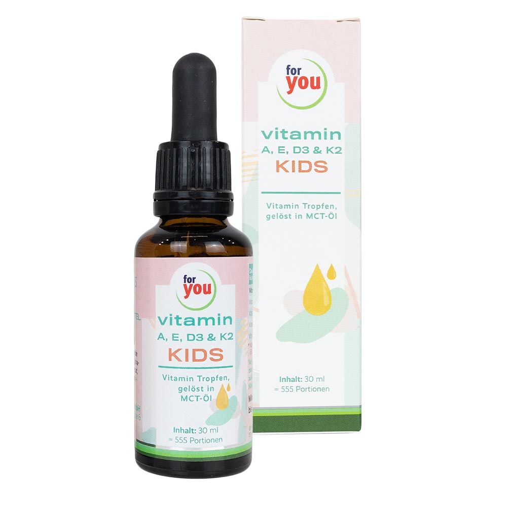 Flasche mit Pipette und Umverpackung für Vitamin A, E, D3 & K2 Kids.