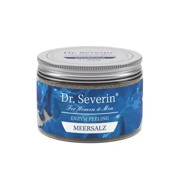 Dr. Severin Enzym Meersalz Peeling in einem Glasbehälter mit blauem Etikett.
