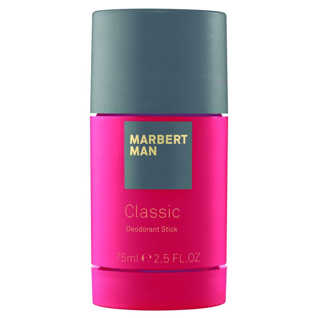 Deodorant-Stick mit grauem Deckel. Pinkfarbener Behälter mit "Marbert Man Classic"-Logo. Unter "Classic" steht "Deodorant Stick".