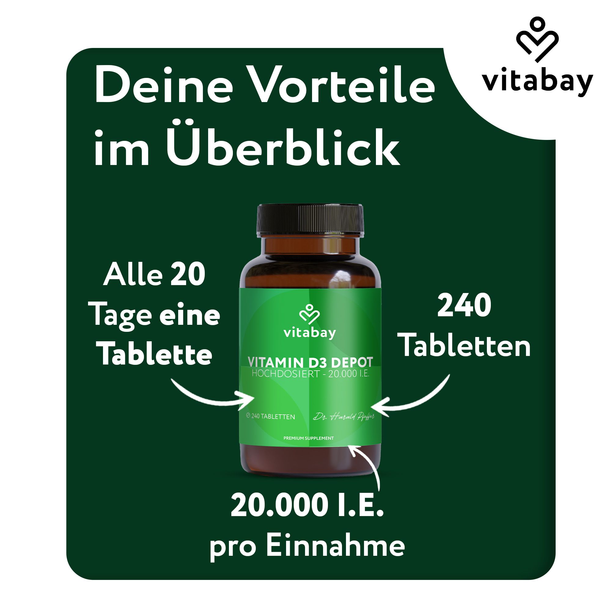 Braune Glasflasche mit grüner Etikett. Vitabay Vitamin D3 Depot. 240 Tabletten. Text: 20.000 I.E. pro Einnahme.