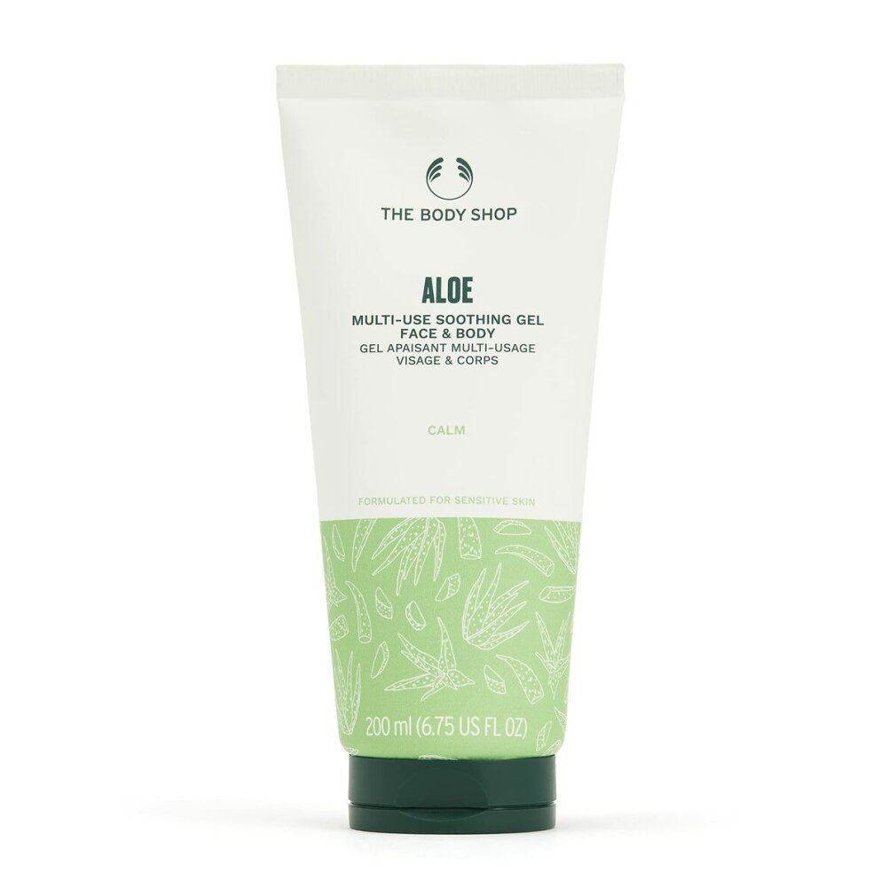 Weiß-grüne Tube mit Aloe-Gel. Text: Aloe Multi-Use Soothing Gel Face & Body. Marke: The Body Shop. Grüne Kappe. 200 ml.