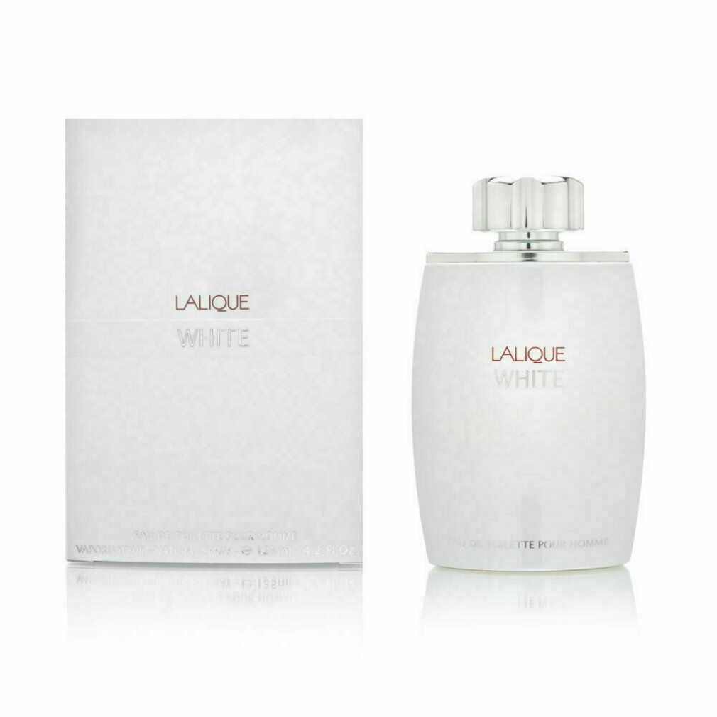 Weiße Flasche und Verpackung. Aufschrift: Lalique White. Flasche mit silbernem Verschluss. Karton daneben.