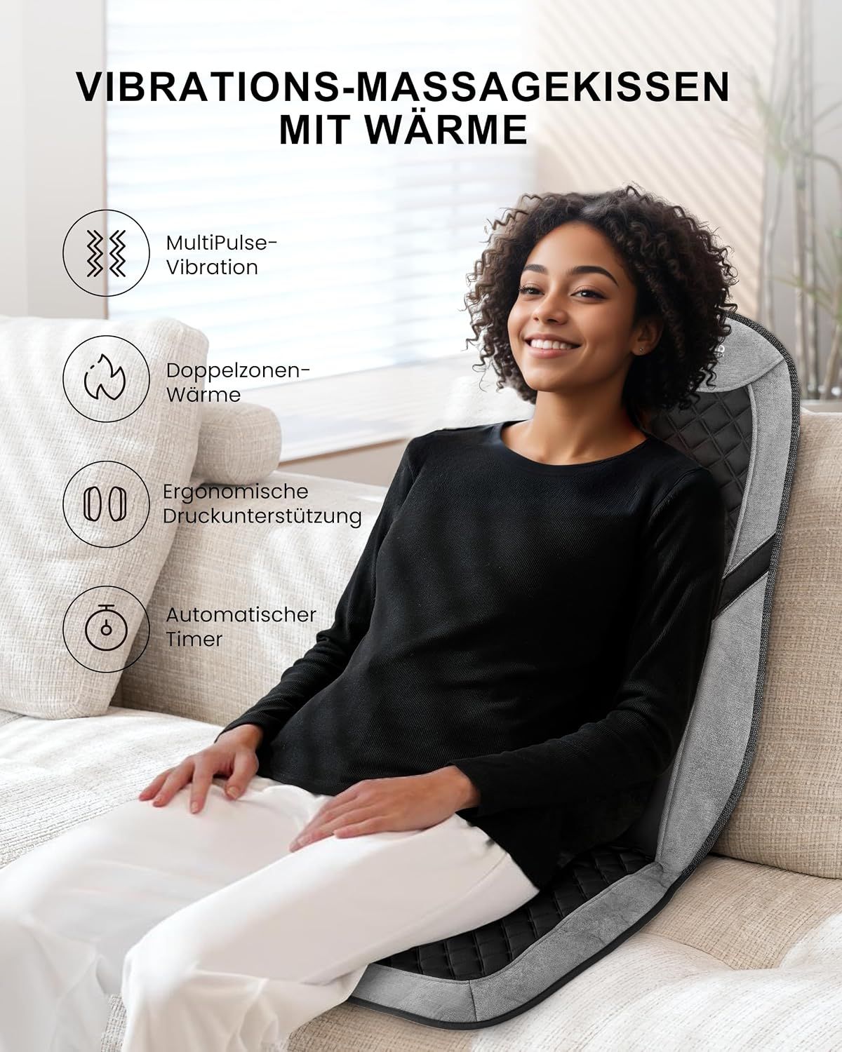 Graue Vibrations-Massagekissen mit Wärmefunktion, ergonomischer Unterstützung und Timer.