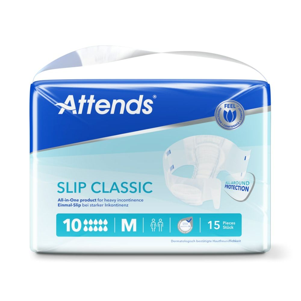 Verpackung Attends Slip Classic 10. Blaue und weiße Verpackung mit Produktabbildung. Enthält 15 Stück, Größe M.