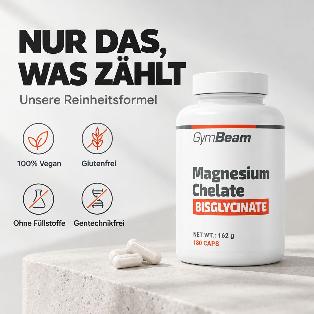 GymBeam Magnesium Chelate Bisglycinate Kapseln, 180 Stück. Kennzeichnungen: 100% Vegan, Glutenfrei, Ohne Füllstoffe, Gentechnikfrei.