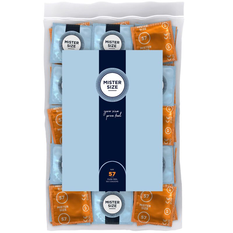 Verpackung mit Kondomen. Blaue und orangefarbene Einzelverpackungen. Aufdruck: Mister Size, 57.