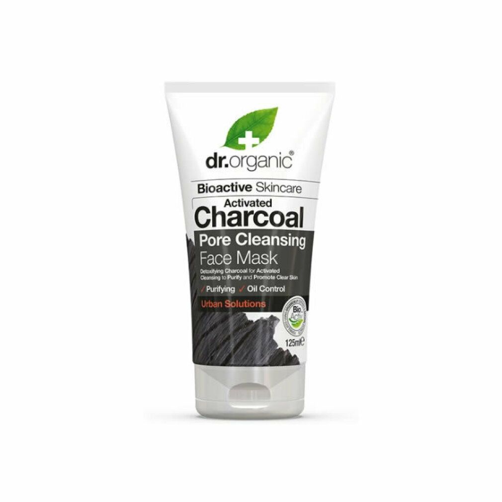 Tube mit Dr. Organic Charcoal Face Mask. Weißes Tube mit schwarzer Schrift. Enthält Aktivkohle. Bio-Zertifizierung.