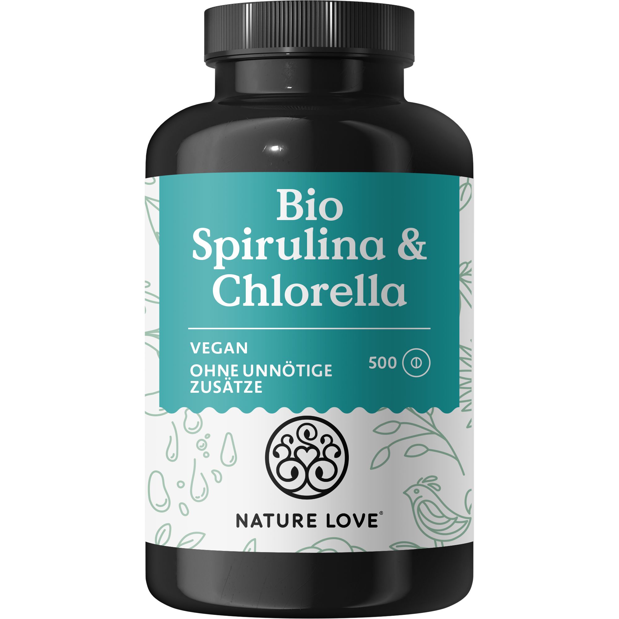 Schwarze Flasche mit grünem Etikett. Aufschrift: Bio Spirulina & Chlorella, vegan, ohne unnötige Zusätze. Logo und 500 Kapseln.