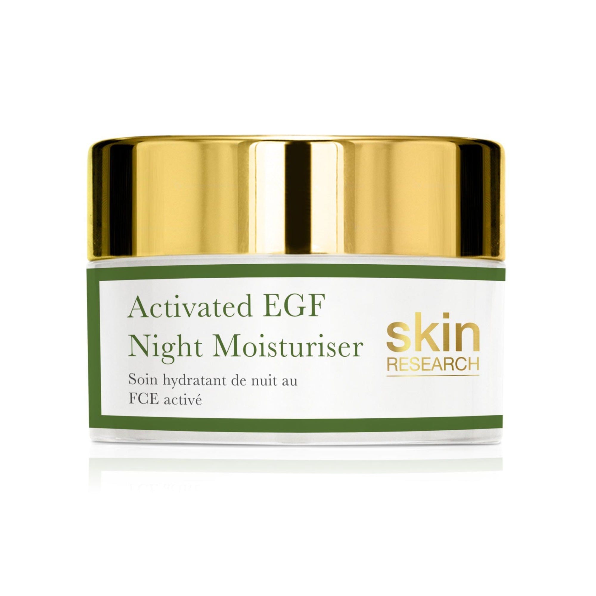 Glasbehälter mit goldfarbenem Deckel. Aufschrift: Activated EGF Night Moisturiser. Marke: skin RESEARCH.