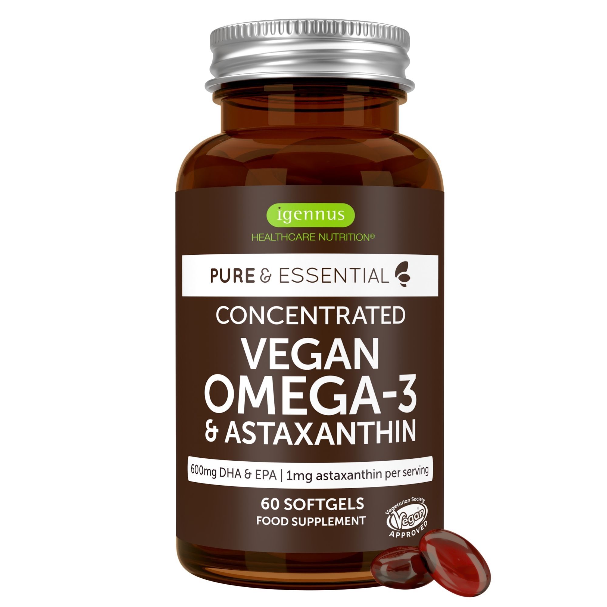 Braune Flasche mit Kapseln. Text: Concentrated Vegan Omega-3 & Astaxanthin. 60 Softgels. 500mg DHA & 1mg astaxanthin per serving.