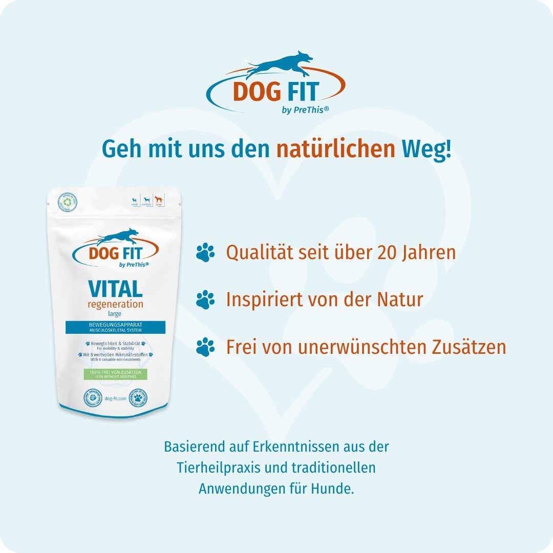 Produktbeutel mit DOG FIT Logo und Text. Text: VITAL regeneration, Inspiriert von der Natur, Frei von unerwünschten Zusätzen.