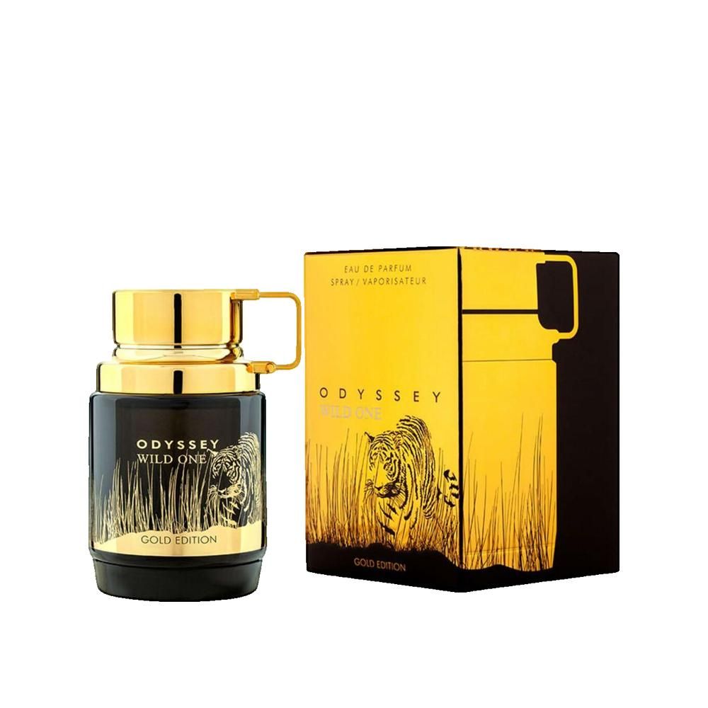Schwarzer Flakon mit goldener Verpackung. Flakon: ODYSSEY WILD ONE GOLD EDITION. Verpackung: Tiger-Illustration und Produktname.