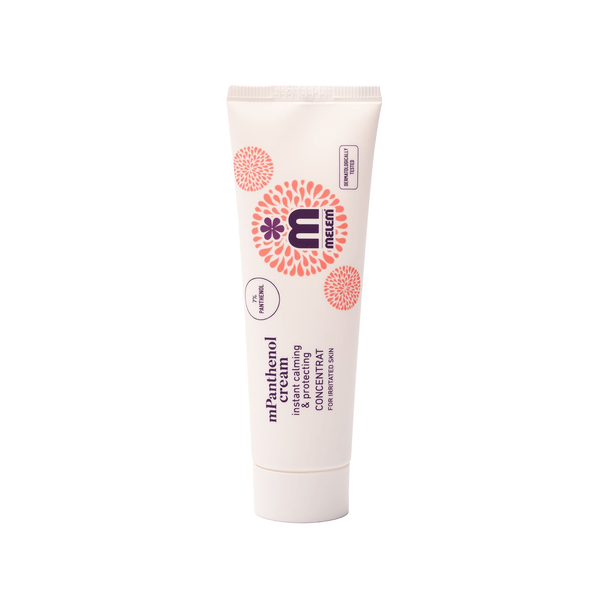 Creme-Tube mit Produktnamen und Logo. Text: mPanthenol cream, instant calming & protecting, für irritierte Haut.