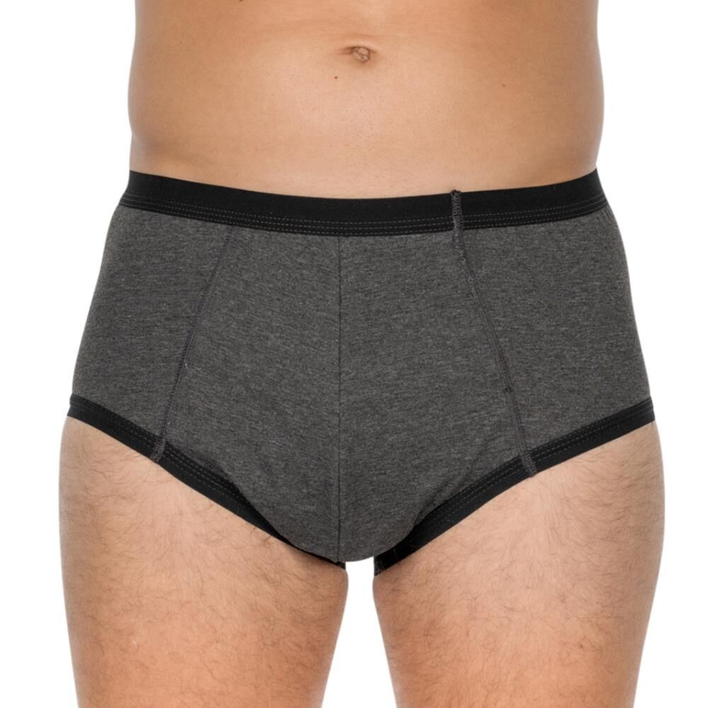 Grauer Herren Slip mit schwarzem Bund und Beinabschluss. Vorderansicht, getragen.