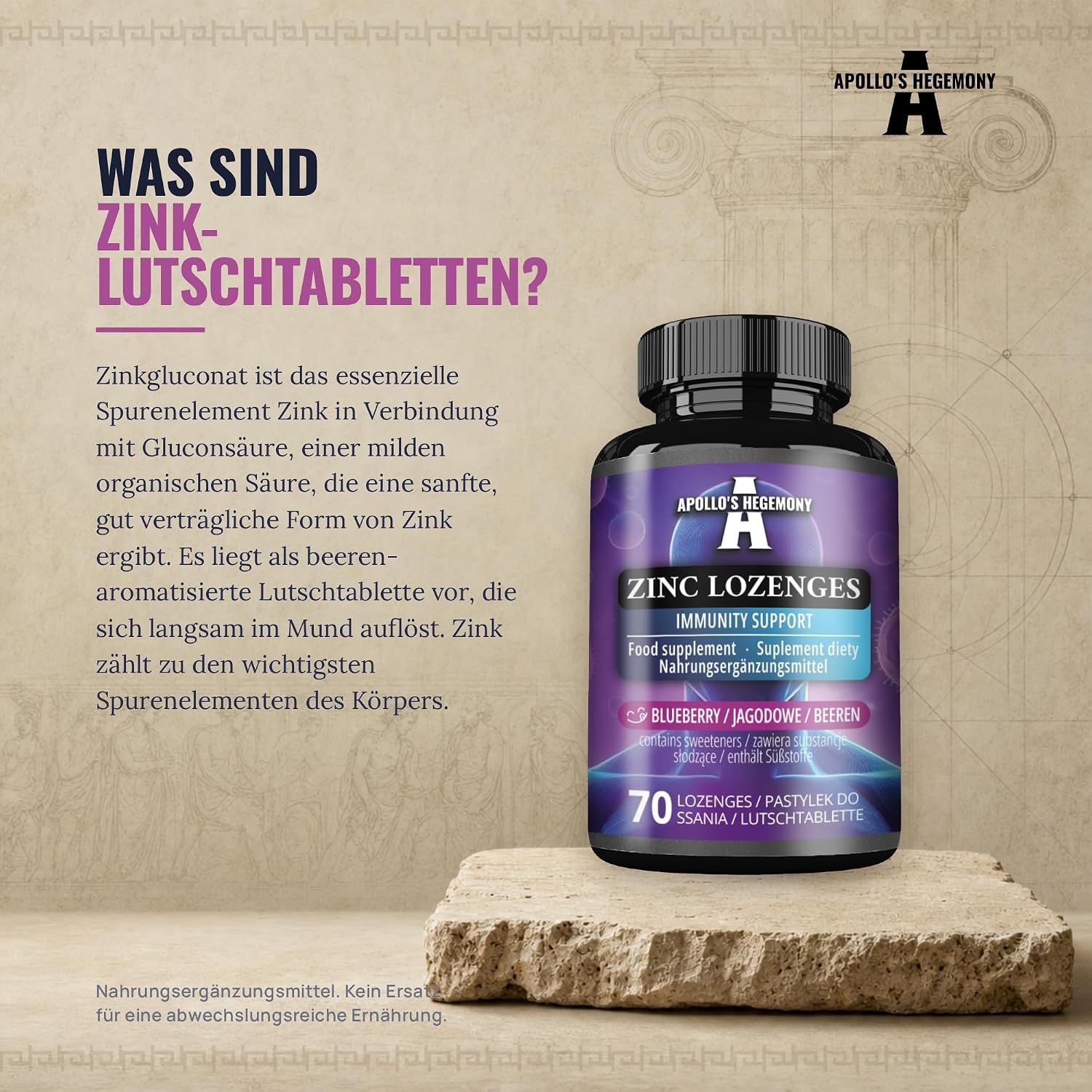 Flasche mit Apollo's Hegemony Zink Lutschtabletten für Immununterstützung.