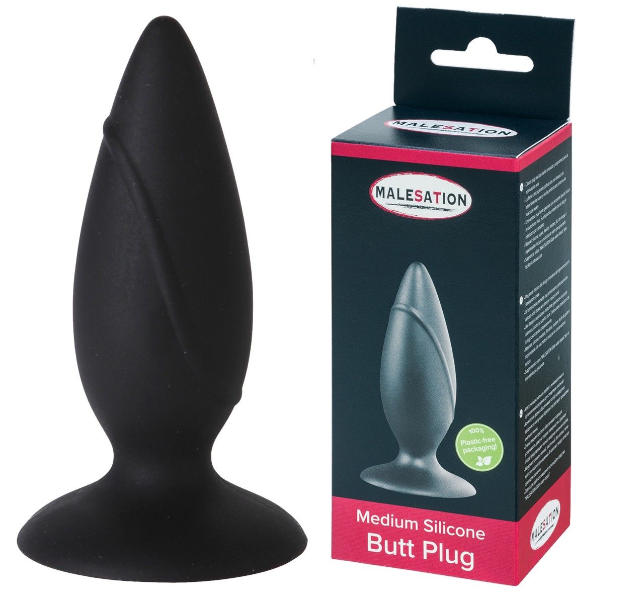 Schwarzer mittlerer Silikon-Plug mit breiter Basis und gerillter Oberfläche. Verpackung daneben.