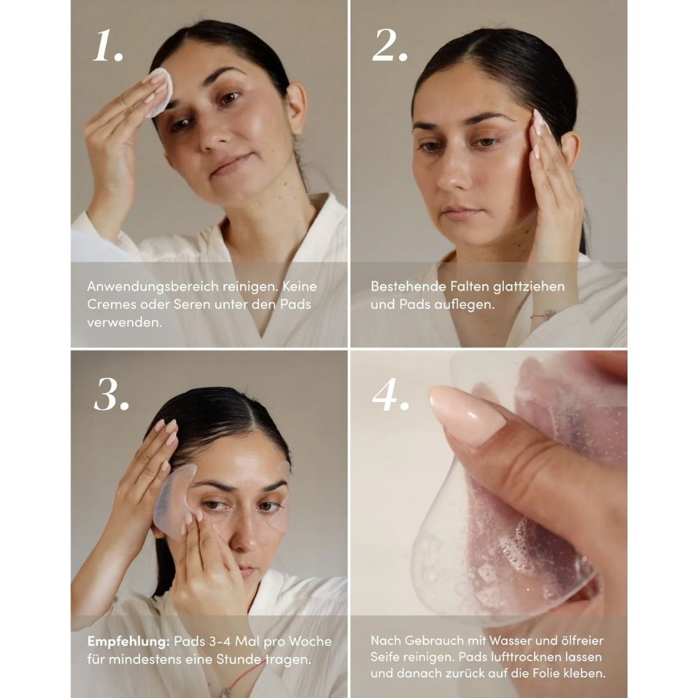 Anwendungsbeispiele für Augen-Schläfen Pads. Schritte 1-4 zeigen Reinigung, Anwendung und Pflege.