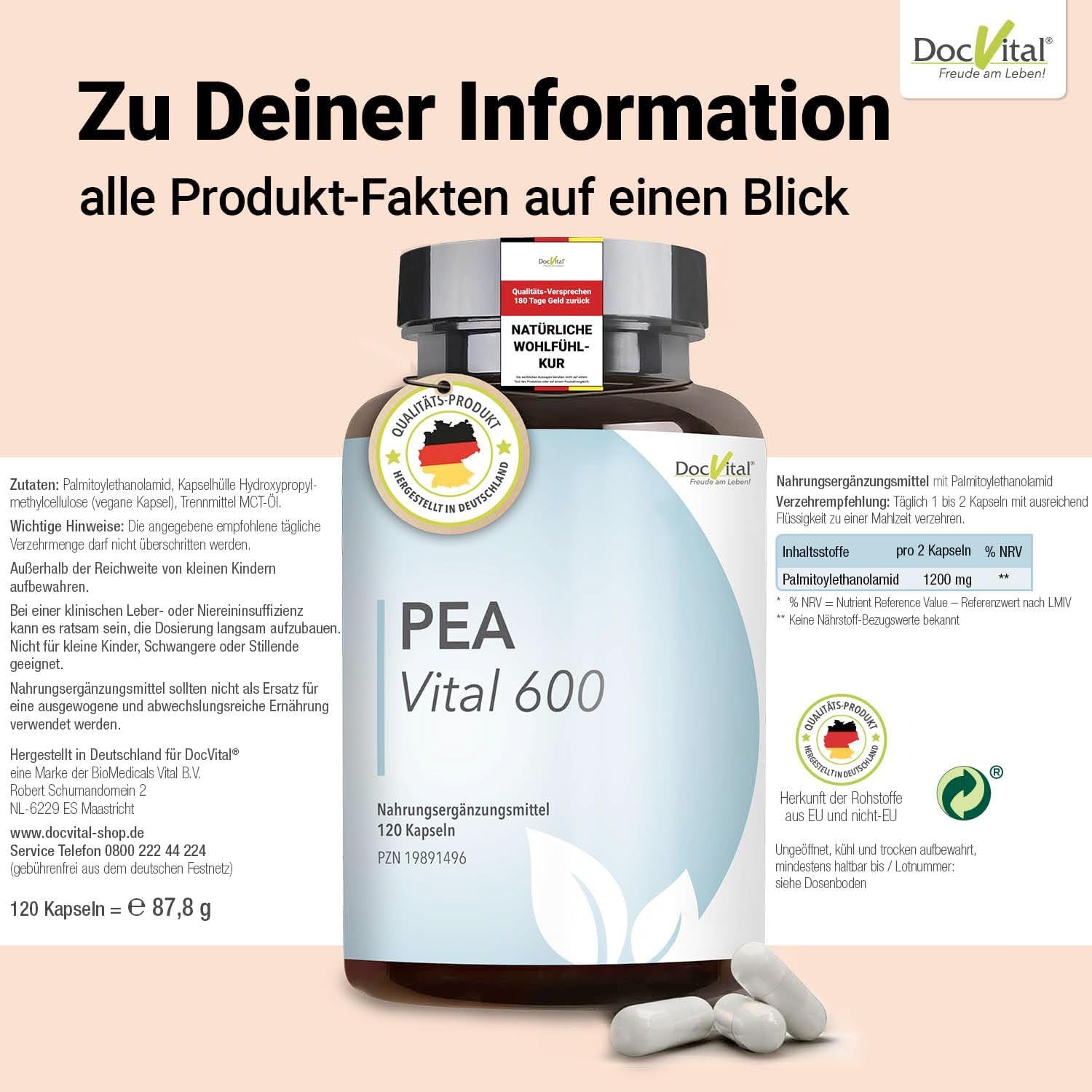 Flasche DocVital PEA Vital 600 Kapseln, 120 Stück. Produktinformationen und Inhaltsstoffe.