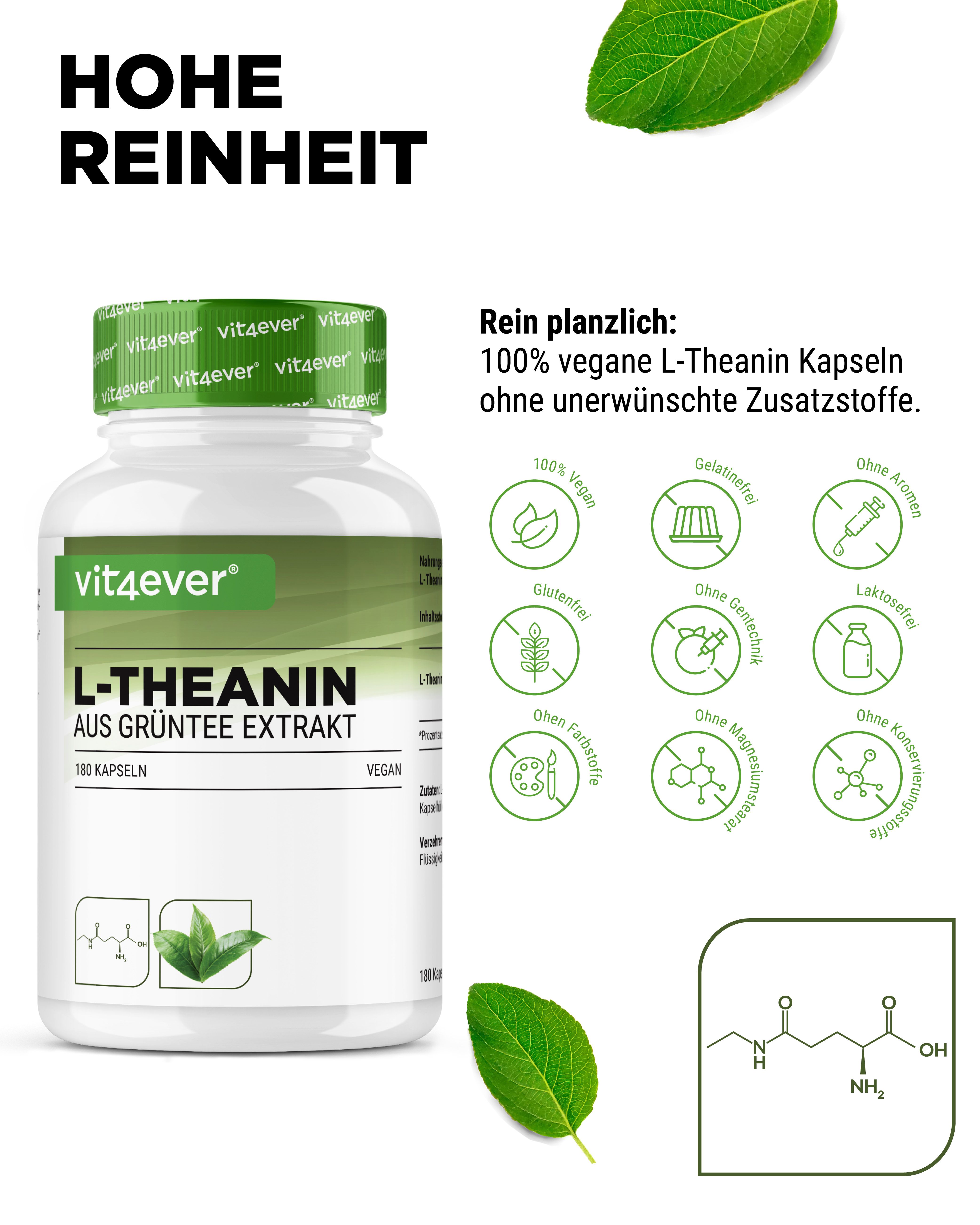 Flasche vit4ever L-Theanin aus Grüntee Extrakt. 180 Kapseln. Vegan. Icons: vegan, glutenfrei, ohne Aromen, laktosefrei, etc.