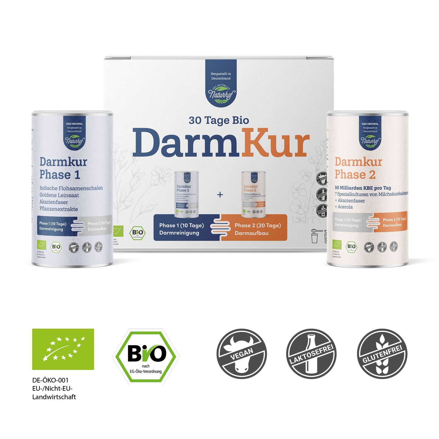 Darmkur-Set mit drei Behältern und Verpackung. Beschriftung: Darmkur, Phase 1 und 2. Bio-Siegel, Vegan, Laktosefrei, Glutenfrei.