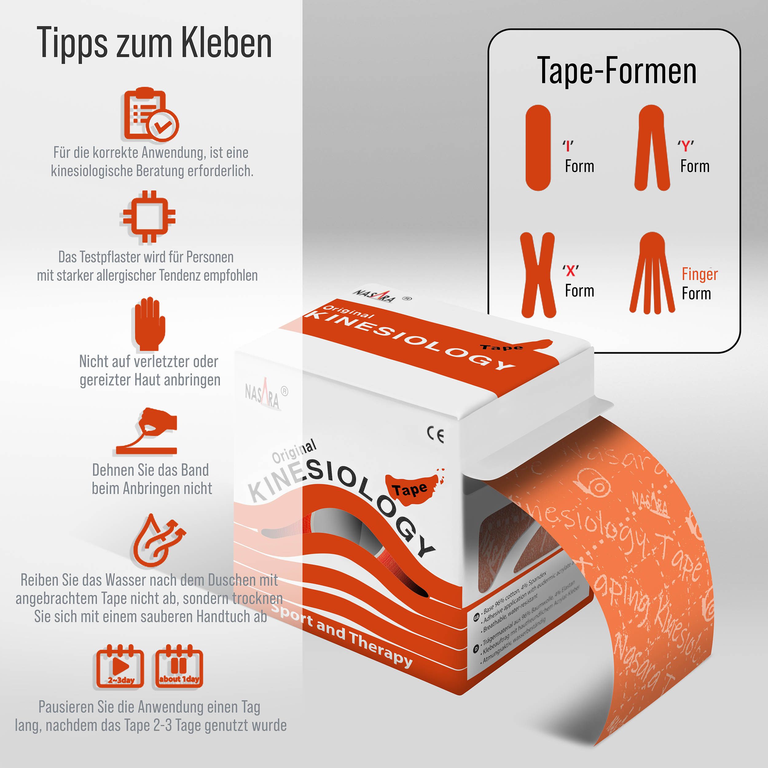 Anleitung mit Symbolen und Text. Kinesiologie-Tape-Formen. Box mit Tape.
