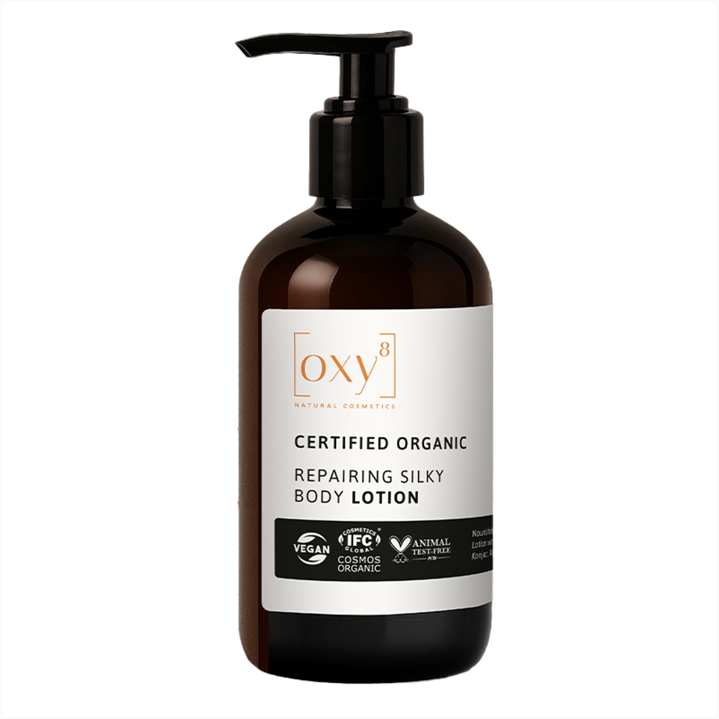 Braune Flasche mit schwarzem Pumpkopf. Aufkleber mit Text: Repairing Silky Body Lotion, Vegan, IFC Cosmos Organic.