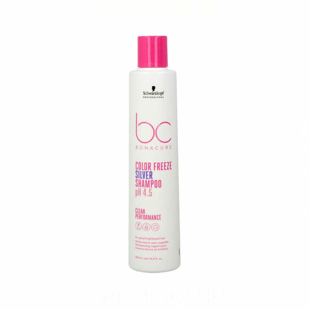 Weißes Shampoo mit pinkfarbenem Deckel. Aufschrift: Schwarzkopf, BC Bonacure Color Freeze Silver Shampoo pH 4.5.