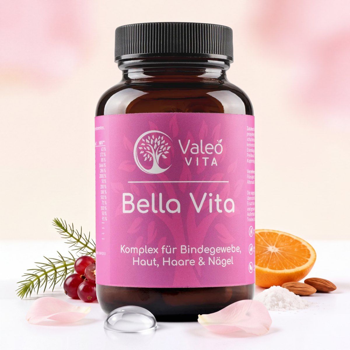 Flasche Valeo Vita Bella Vita mit Früchten und Blütenblättern. Enthält 60 Kapseln.