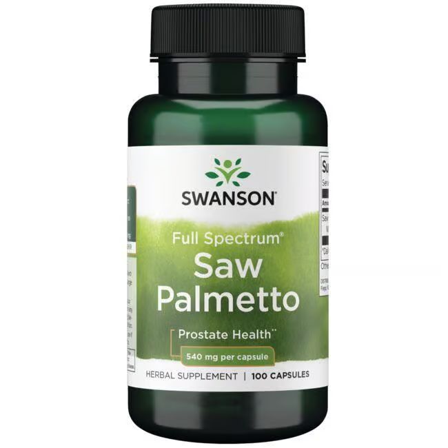 Grüne Flasche mit schwarzem Deckel. Aufschrift: Swanson, Saw Palmetto, 540 mg pro Kapsel. 100 Kapseln.