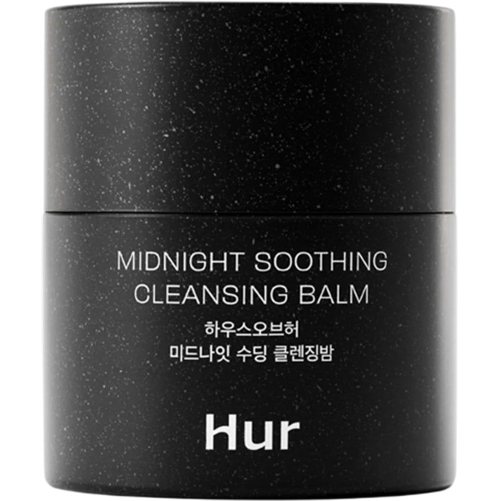 Schwarzer Tiegel mit Aufschrift: Midnight Soothing Cleansing Balm. Marke: Hur. Hintergrund weiß.