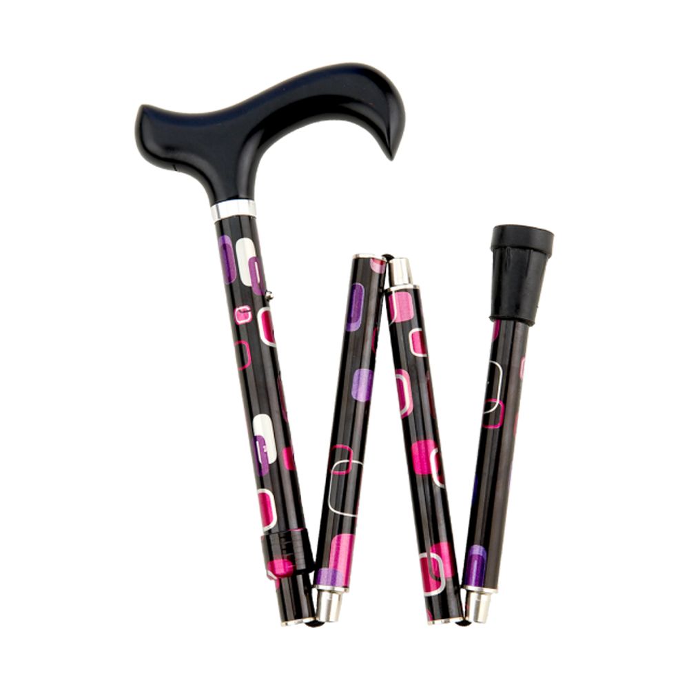 Faltbarer Gehstock mit schwarzem Griff und Muster in Lila, Pink und Weiß. Zusammengefaltet.
