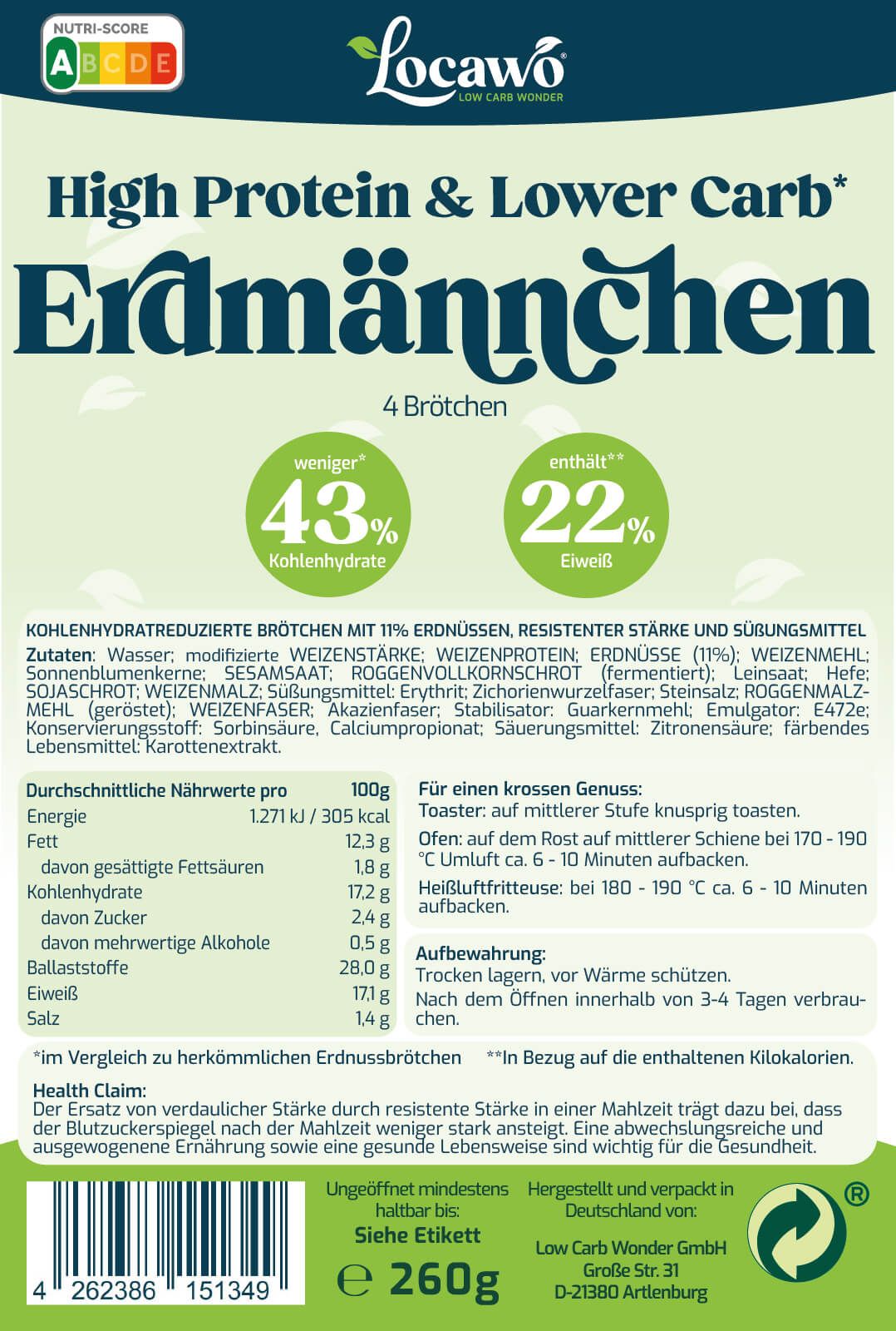 Rückseite der Locawo Erdmännchen Verpackung mit Nährwertangaben, Zutaten und Siegeln.