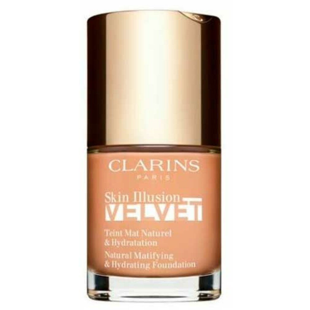 Clarins Skin Illusion Velvet Foundation. Flasche mit goldfarbenem Deckel. Text: Natural Matifying & Hydrating Foundation.