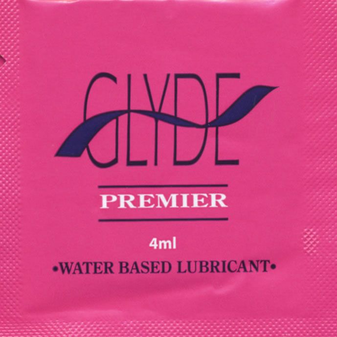 Rosa Verpackung mit GLYDE-Logo, PREMIER-Schriftzug, 4ml und WATER BASED LUBRICANT.
