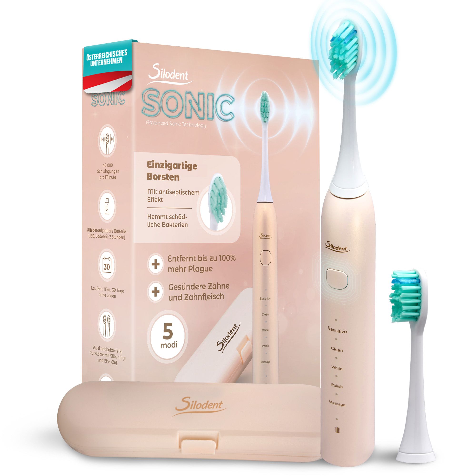Silodent Schallzahnbürste Champagne mit antiseptischen Borsten und fünf Programmen