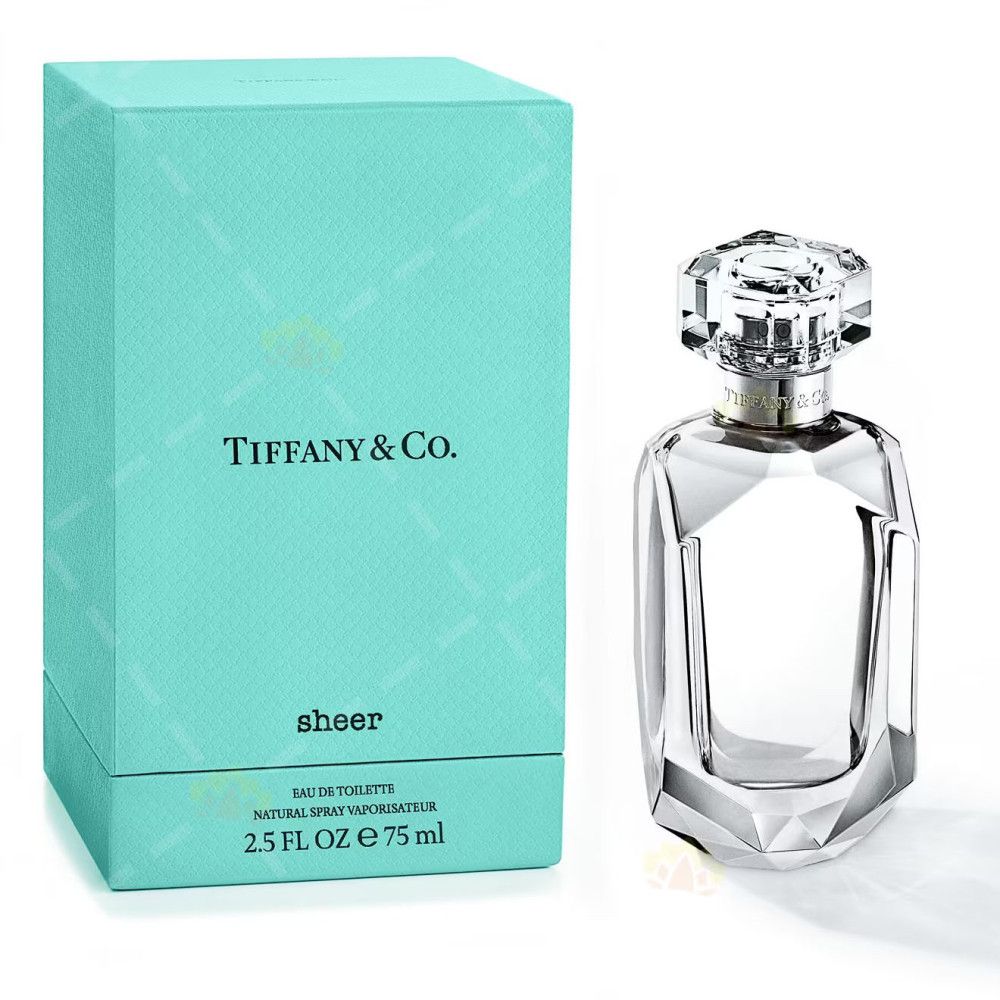 Türkisfarbene Schachtel und Parfumflakon. Auf der Schachtel steht "Tiffany & Co.", darunter "sheer". Der Flakon ist transparent.