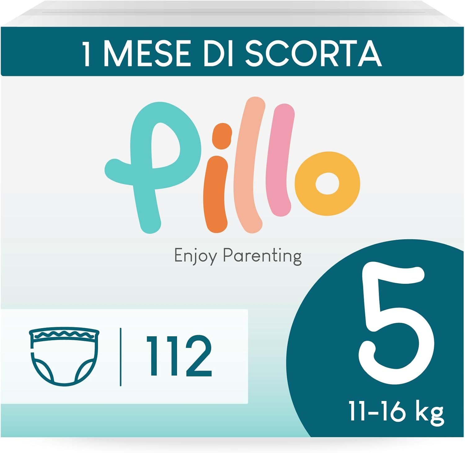 Pillo Pants, Größe 5, Packung mit 112 Windeln. Geeignet für Kinder von 11-16 kg. Aufschrift: 1 Monat Vorrat.
