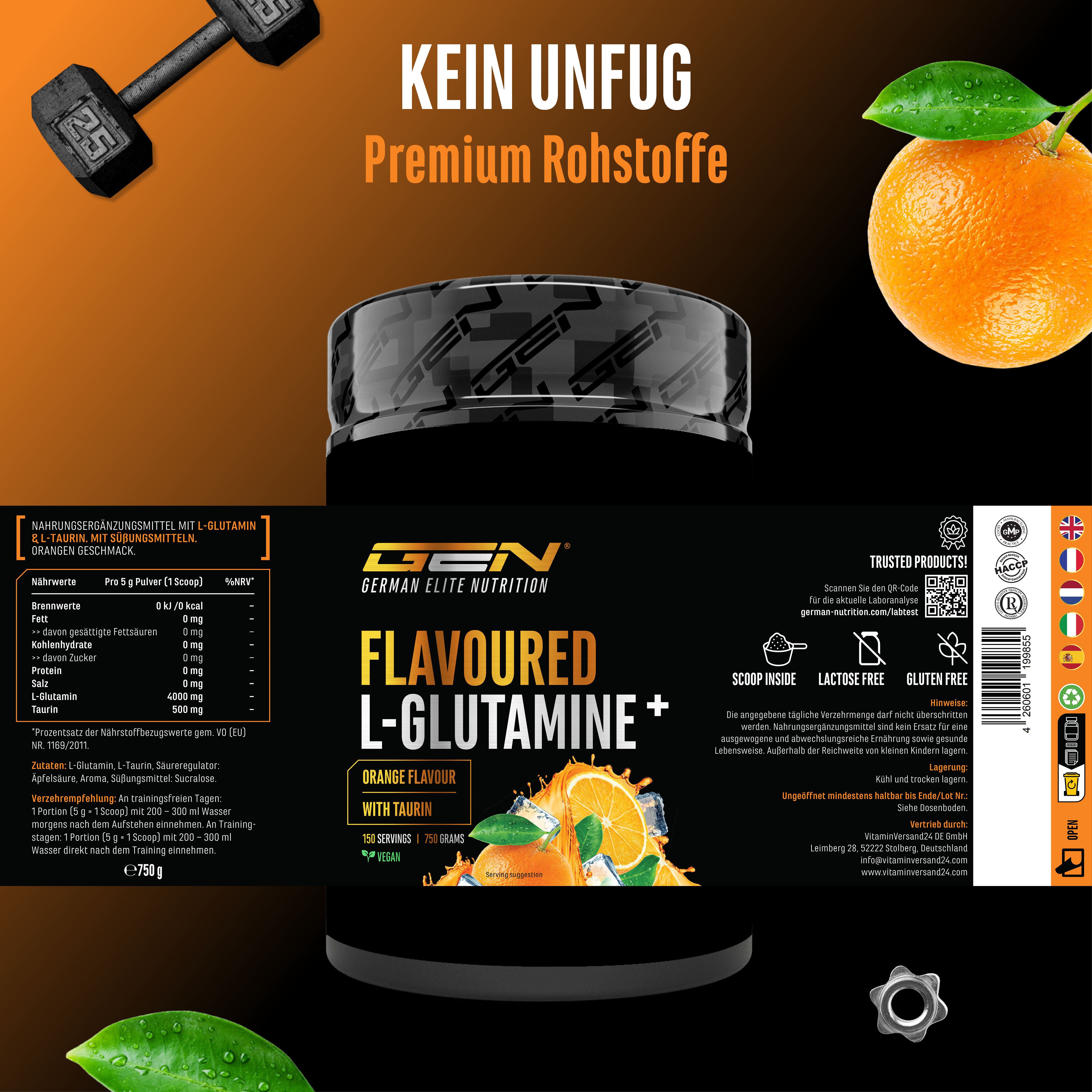 GEN Flavoured L-Glutamine+ Dose. Orange-Geschmack. Enthält L-Glutamin und Taurin. 750g. Vegan. Premium Rohstoffe.