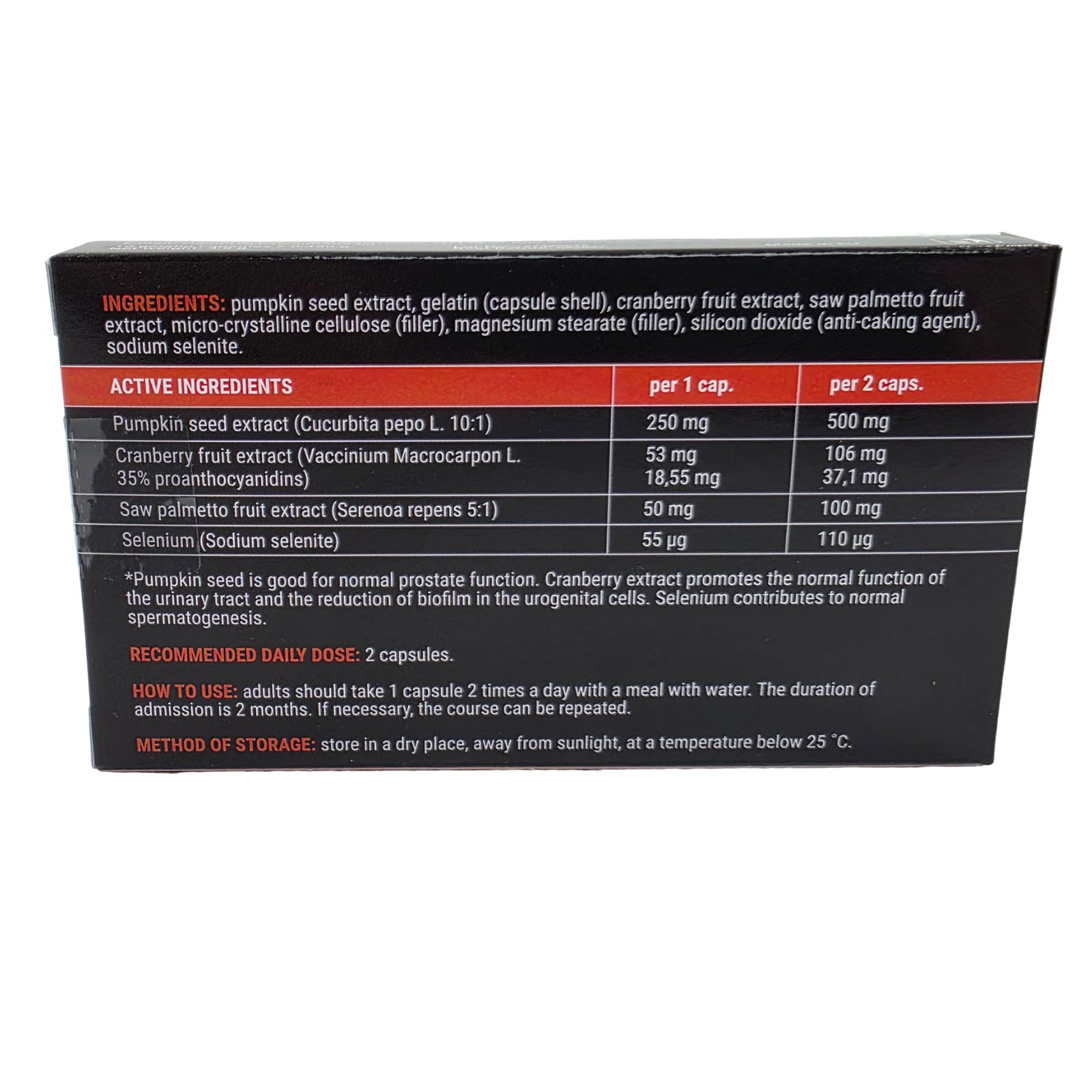 Rückseite der Schachtel mit Inhaltsstoffen und Dosierung. Enthält Informationen zu Kürbiskernextrakt, Cranberry-Extrakt, Sägepalmenextrakt.