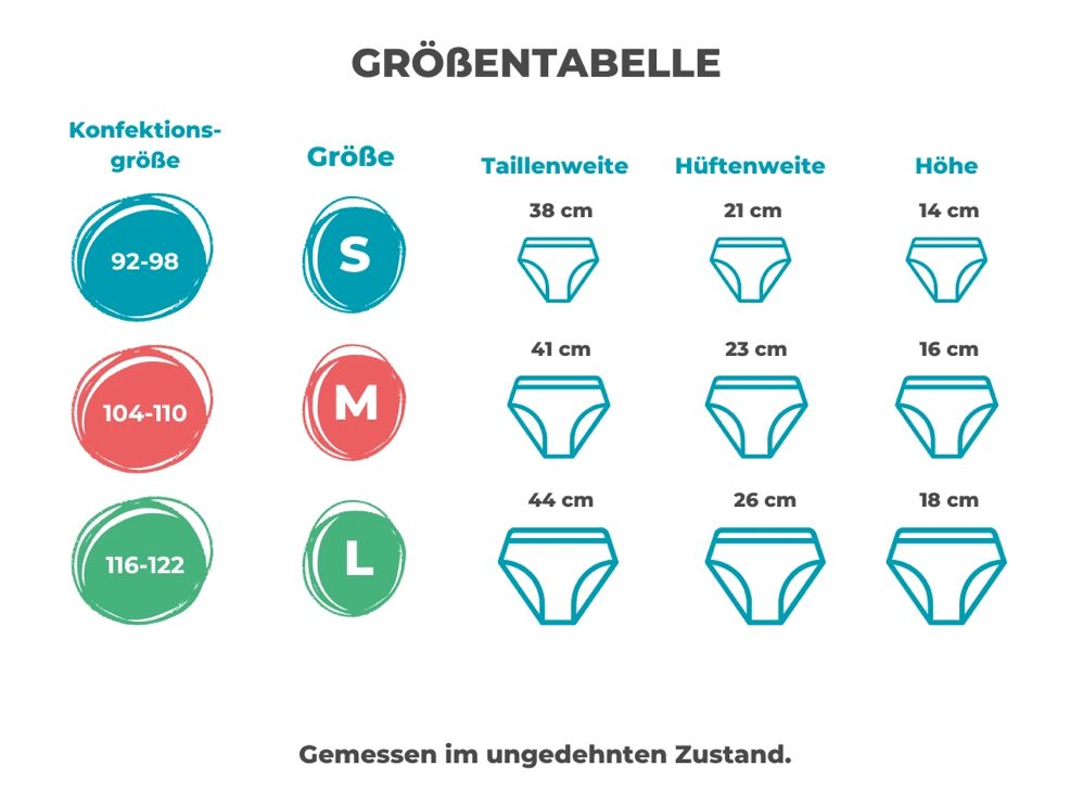 Größentabelle für Trainerhosen. Größen S, M, L mit entsprechenden Konfektionsgrößen und Maßen.