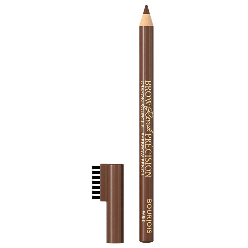 Brauner Augenbrauenstift mit Bürste und Kappe. Aufschrift: Brow Reveal Précision, Bourjois Paris.