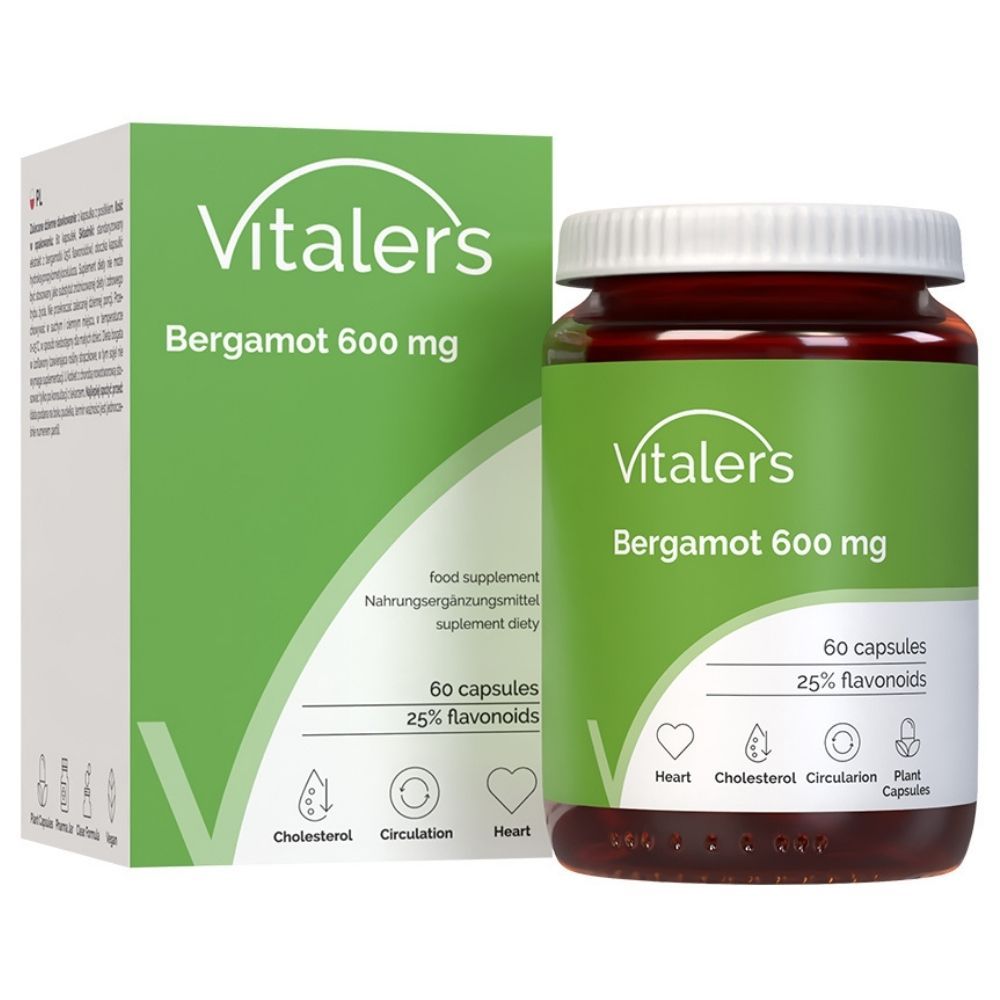 Vitaler’s Bergamotte 600 mg: Produktflasche und Kartonverpackung nebeneinander, beide mit grüner Etikettierung.