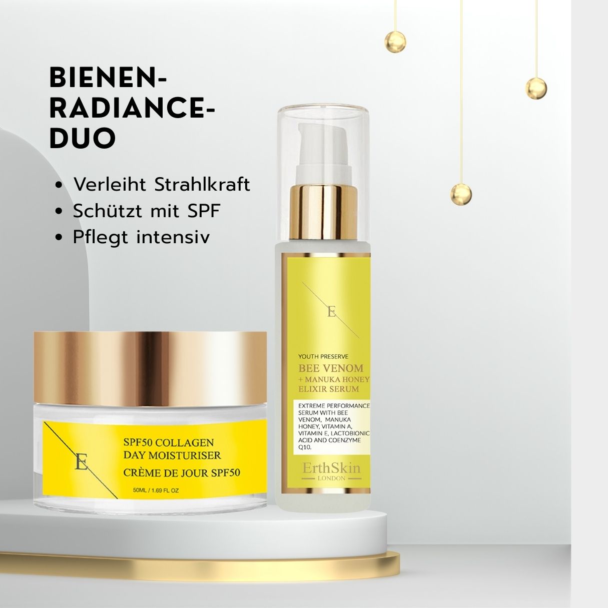 ErthSkin London Bienen-Radiance-Duo: Tagescreme SPF50 und Kollagen-Serum. Verleiht Strahlkraft, schützt mit SPF, pflegt intensiv.