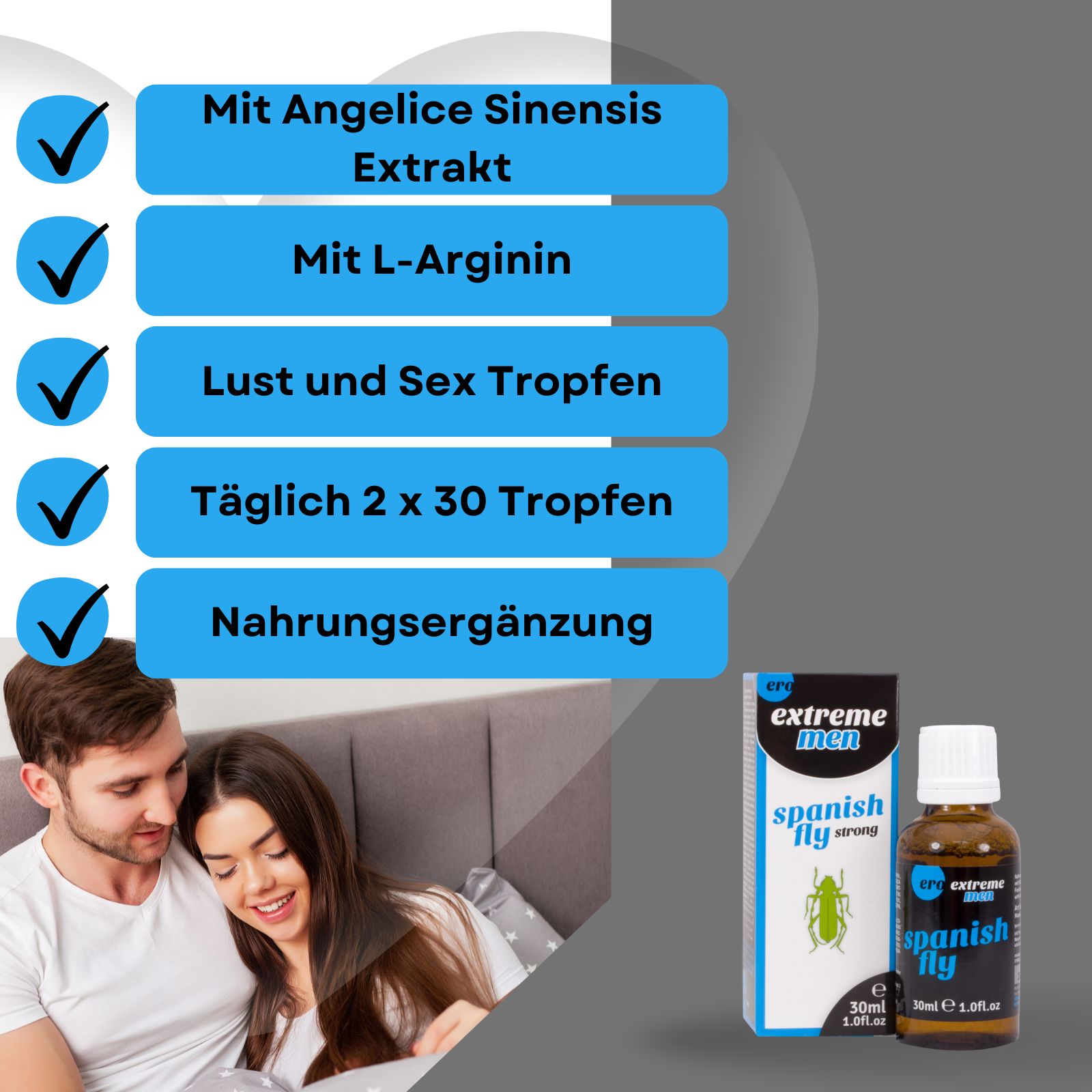 Paar im Bett. Daneben eine Flasche und eine Schachtel mit Produktinformationen. Text auf Deutsch.